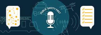 A speech bubble with jumbled shapes connects via a line to a speech bubble where there is an orderly checklist. The line crosses over a police cruiser, a fire services apparatus, a cell tower, and a drone.        