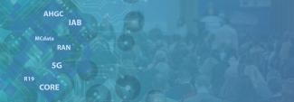 A group of people at a conference, an illustration depicting technology and connection, “AHGC,” “IAB,” “MCdata,” “RAN,” “5G,” “R19,” “CORE” 