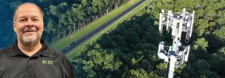 In the background, a rural road cuts through a dense forest with a cell tower rising above the treetops; West Virginia Department of Transportation Assistant Secretary Scott Eplin.