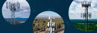 An interconnected network backdrop with three images of FirstNet towers, including a tower overlooking mountains, forest and a lake; a tower situated near a road and forest; and a FirstNet tower near a green open field surrounded by a dense forest.
