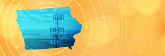 The silhouette of the State of Iowa revealing a cell tower inside; radiating connectivity illustration