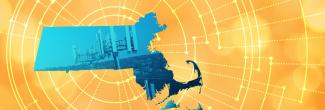 The silhouette of the State of Massachusetts revealing a cell tower inside; radiating connectivity illustration