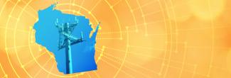 The silhouette of the State of Wisconsin revealing a cell tower inside; radiating connectivity illustration