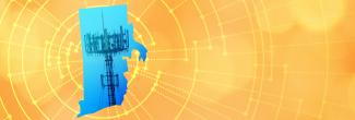 The silhouette of the State of Rhode Island revealing a cell tower inside; radiating connectivity illustration