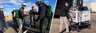 Boulder responders talk while holding a fire hose in a parking lot; City of Boulder staff member wheels out a FirstNet Compact Rapid Deployable