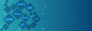 Illustration depicting connection and technology; diamonds with “CORE,” “MCdata,” “AHGC,” “IAB,” RAN, “5G,” and “R19” within