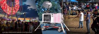 A FirstNet compact rapid deployable in the middle. A line of people standing in front of a lit Ferris wheel at the Choctaw Nation's Labor Day festival on the left, and on the left three men performing a traditional ceremony inside a ring of haybales while a crowd watches during Catawba Nation's Yap Ye Iswa festival.