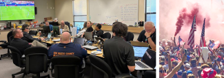 Staff, including representatives from the FirstNet Authority, support a San Francisco Bay area World Cup match at the Interoperable Communications Help Desk, U.S. fans celebrate with flags and smoke cannons during the World Cup.