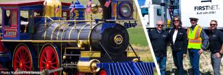 Photo of a replica steam locomotive train at Golden Spike National Historical Park next to a photo of FirstNet Authority Senior Public Safety Advisor Tracey Murdock and FirstNet AT&T standing in front of a FirstNet deployable.