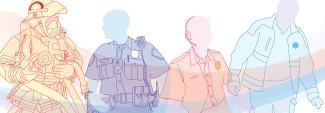 A silhouette of four first responders standing together: a firefighter holding a firehose, a law enforcement officer, a 9-1-1 telecommunicator, and an emergency medical professional. 