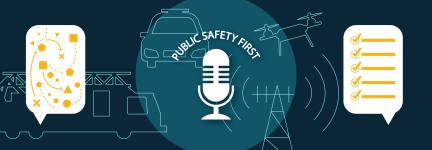 A speech bubble with jumbled shapes connects via a line to a speech bubble where there is an orderly checklist. The line crosses over a police cruiser, a fire services apparatus, a cell tower, and a drone.