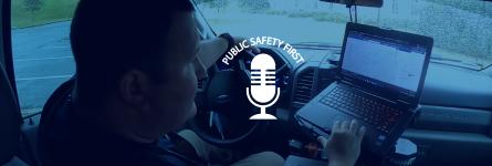 Public Safety First podcast logo; “Alabama Improving Damage Assessment with FirstNet”; emergency manager uses laptop in car