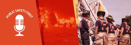 Public Safety First podcast logo; “Public Safety First”; silhouettes of three uniformed firefighters fighting a fire amongst trees; Four firefighters wearing fireman hats and uniforms stand with their back to the camera; “Amherst Fire” visible on the back of their shirts.