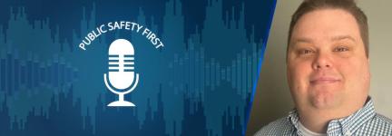 Public Safety First podcast logo; soundwaves; headshot of Trevin Hunter of Louisville Metro Emergency Services in Kentucky