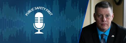 Public Safety First podcast logo; soundwaves; headshot of Chief Jason Rhodes of the Center for Emergency Medical Services at Rhode Island Department of Health