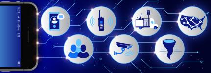 Representing a virtual emergency operations center (EOC), a FirstNet-equipped phone with lines connecting to icons representing various aspects of emergency response