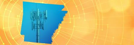 The silhouette of the State of Arkansas revealing a cell tower inside; radiating connectivity illustration