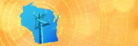 The silhouette of the State of Wisconsin revealing a cell tower inside; radiating connectivity illustration