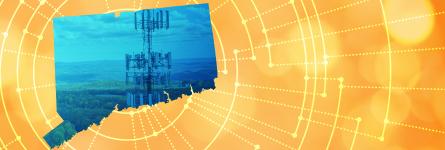 The silhouette of the State of Connecticut revealing a cell tower inside; radiating connectivity illustration