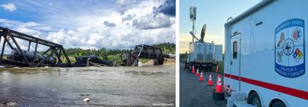 Collapsed bridge and train derailment in the Yellowstone river, “Shasta Steinweden”; FirstNet SatCOLT sits in front of a Stillwater County Disaster and Emergency Services command vehicle at the site of the train derailment.