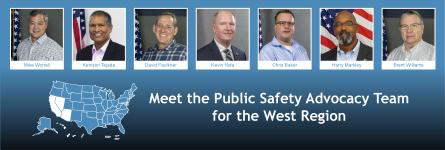 A map of the U.S. in blue with the seven states and territories of the West region in white and headshots of the seven public safety advisors who represent those states.